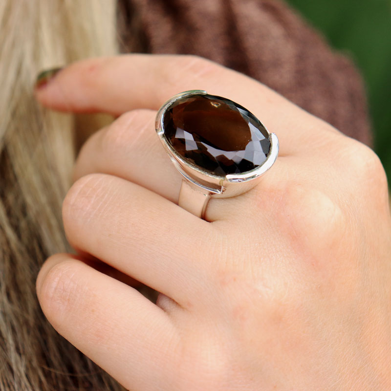 large oval smoky quartz sterling silver gemstone ring