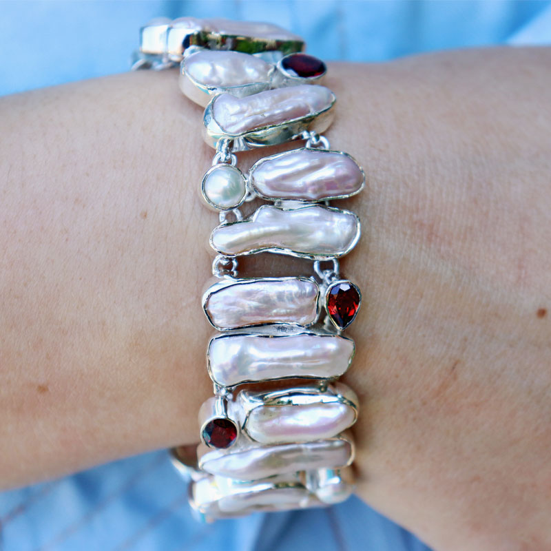 biwa pearl garnet sterling silver gemstone bracelet