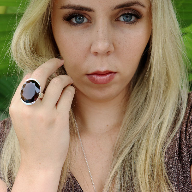 large oval smoky quartz sterling silver gemstone ring