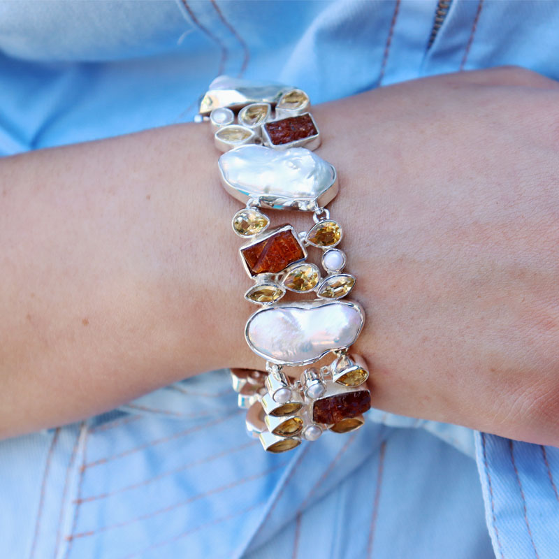 biwa pearl citrine orange tourmaline sterling silver gemstone bracelet