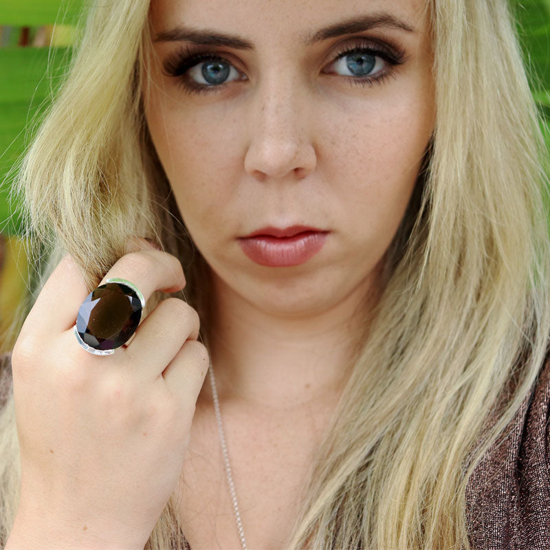 large oval smoky quartz sterling silver gemstone ring