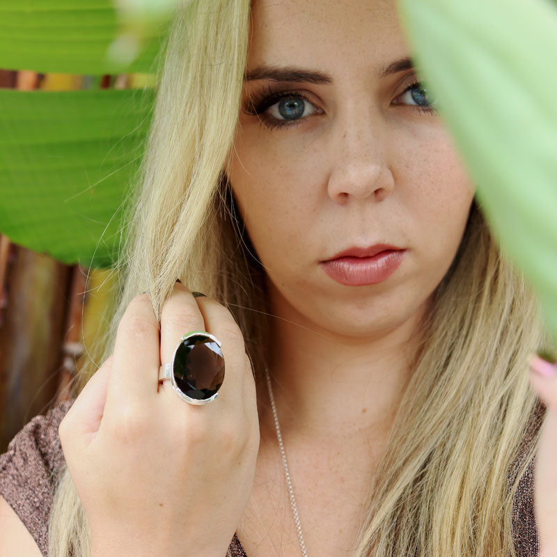 large oval smoky quartz sterling silver gemstone ring