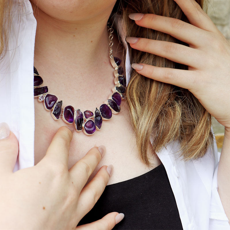 chunky statement amethyst gemstone sterling silver necklace