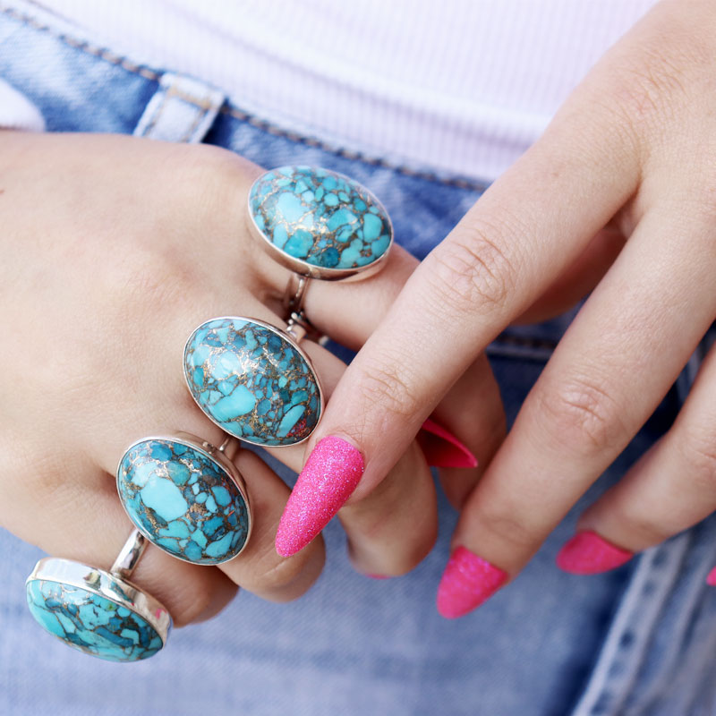 oval copper turquoise silver gemstone ring