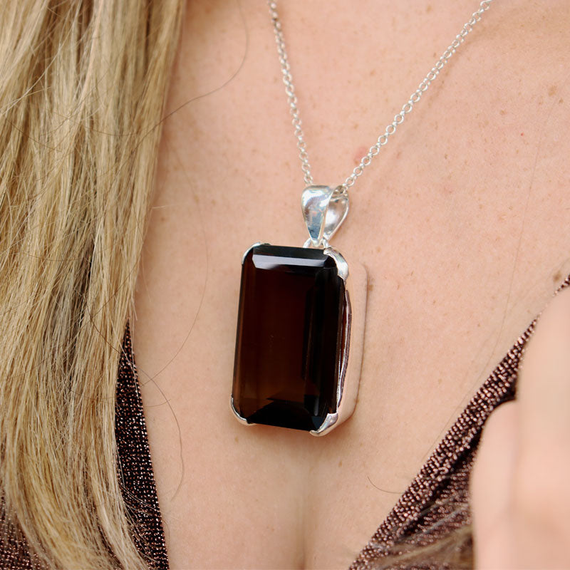 emerald cut smoky quartz sterling silver gemstone pendant