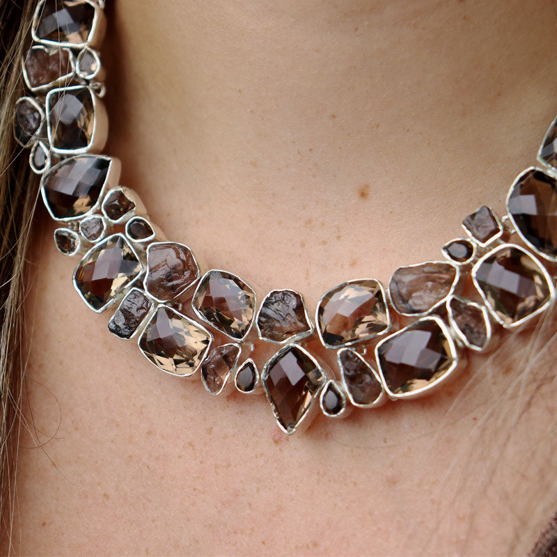 chunky smoky quartz gemstone sterling silver necklace