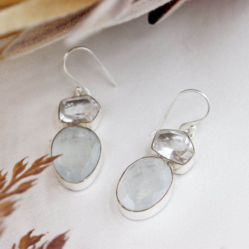 aquamarine clear quartz gemstone earrings