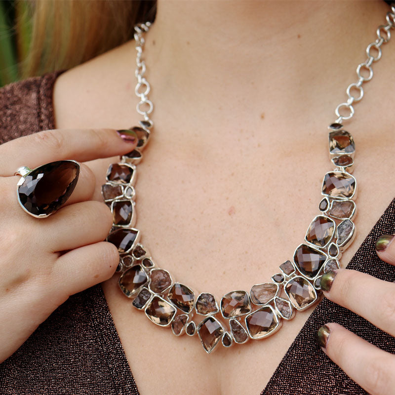 chunky smoky quartz gemstone sterling silver necklace