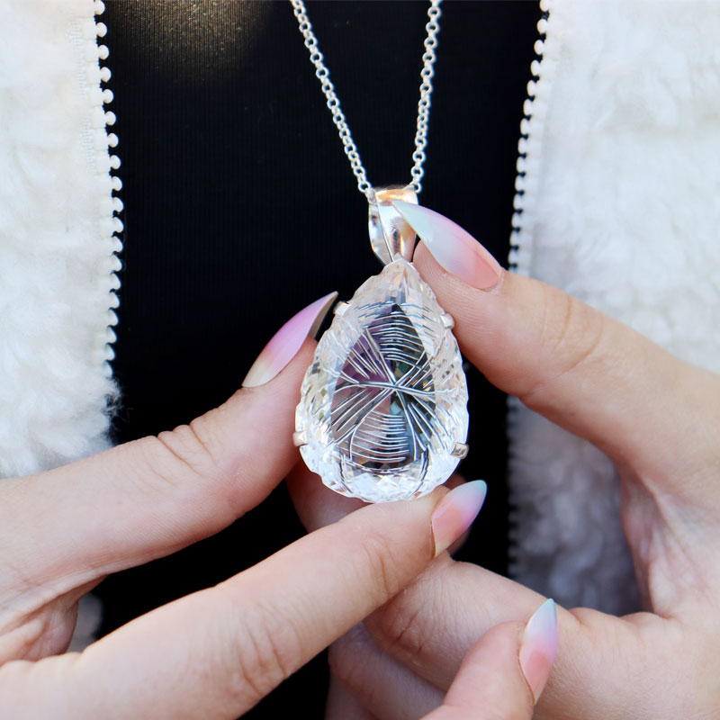 clear quartz teardrop etched silver gemstone pendant