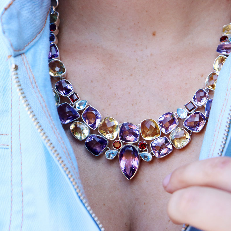 amethyst citrine topaz garnet sterling silver chunky gemstone necklace