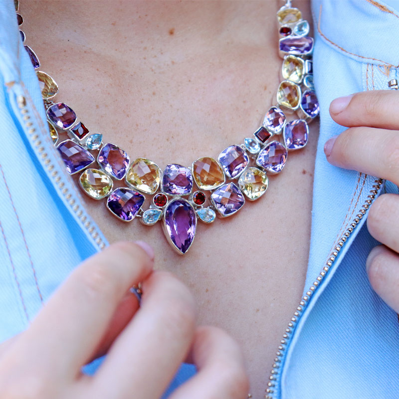 amethyst citrine topaz garnet sterling silver chunky gemstone necklace