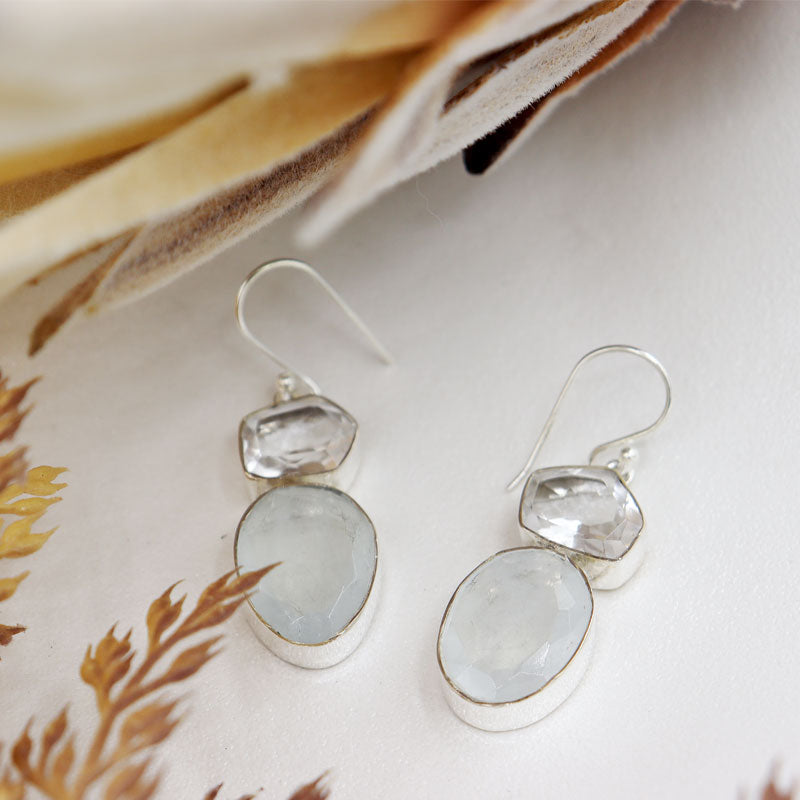 aquamarine clear quartz gemstone earrings