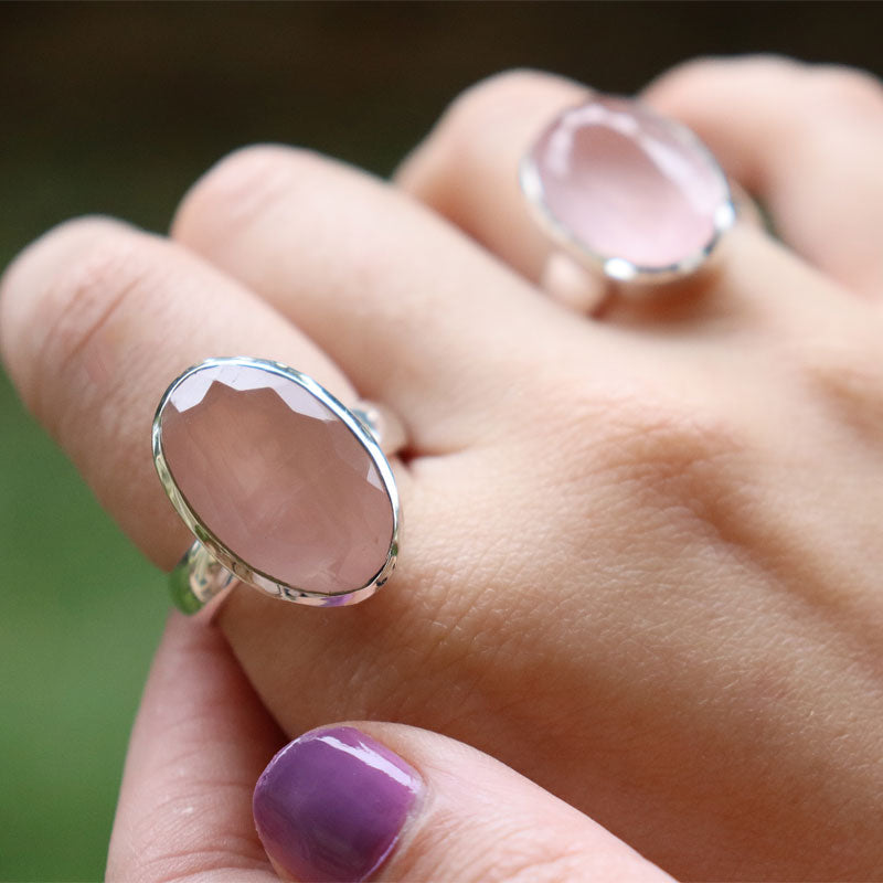 oval rose quartz silver gemstone ring