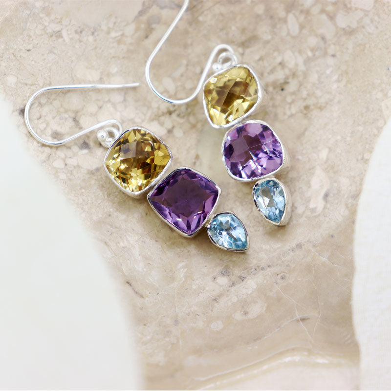 citrine amethyst blue topaz sterling silver gemstone earrings