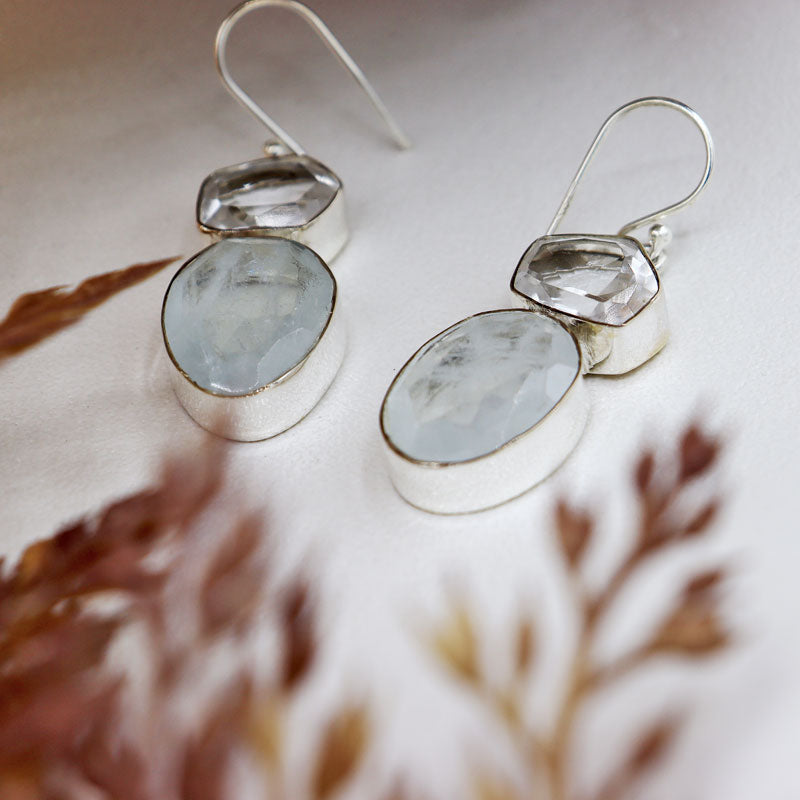 aquamarine clear quartz gemstone earrings