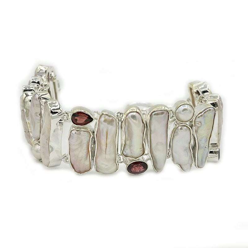 biwa pearl garnet sterling silver gemstone bracelet