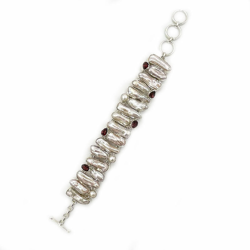 biwa pearl garnet sterling silver gemstone bracelet