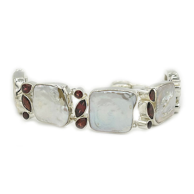 biwa pearl and garnet sterling silver gemstone bracelet