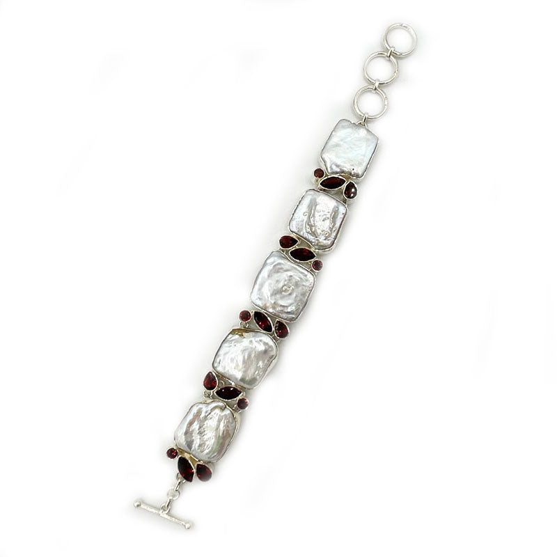 biwa pearl and garnet sterling silver gemstone bracelet