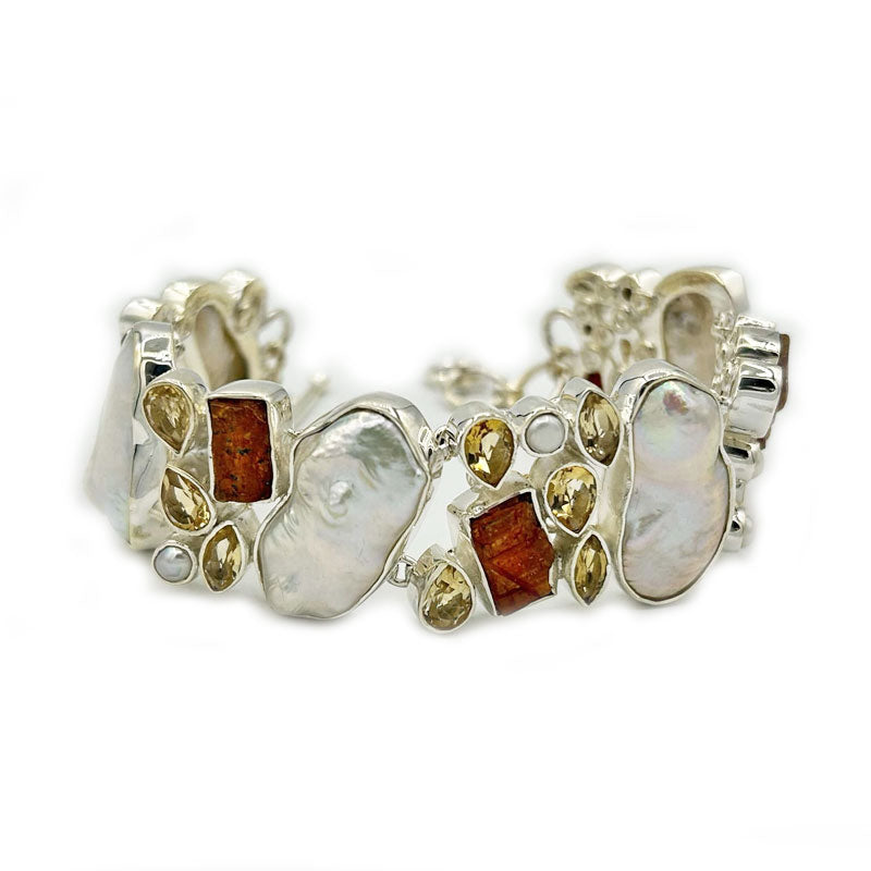 biwa pearl citrine orange tourmaline sterling silver gemstone bracelet