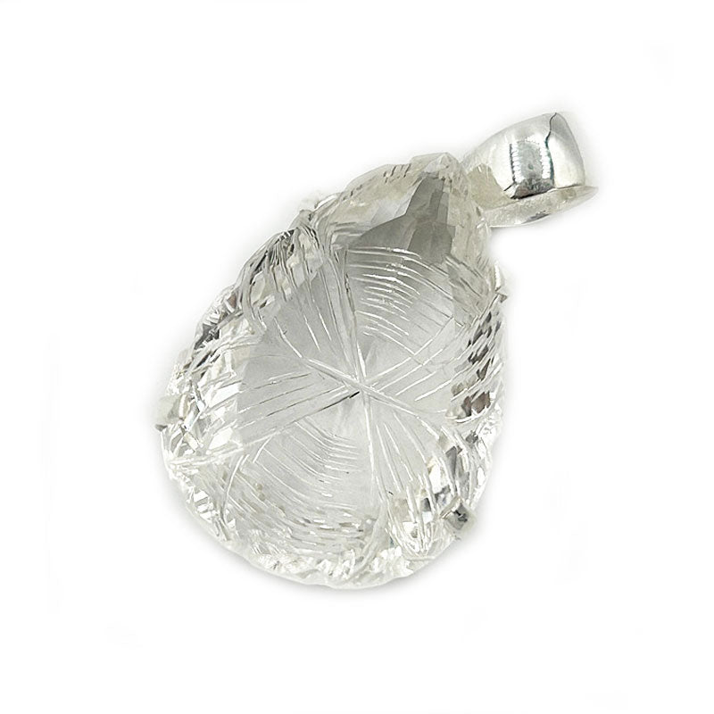 clear quartz teardrop etched silver gemstone pendant