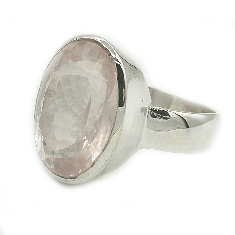 oval rose quartz silver gemstone ring