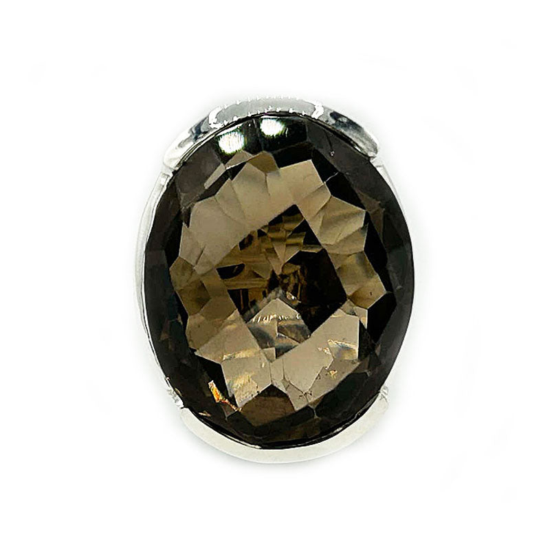 smoky quartz oval checkerboard cut sterling silver gemstone ring