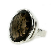 smoky quartz oval checkerboard cut sterling silver gemstone ring