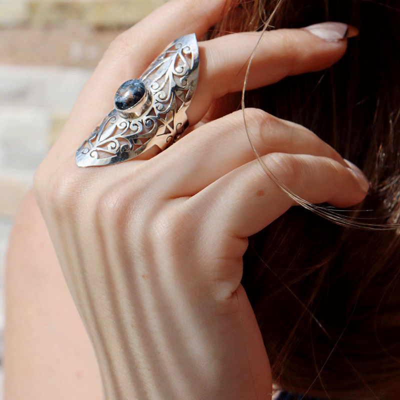 azurite large gemstone silver ring