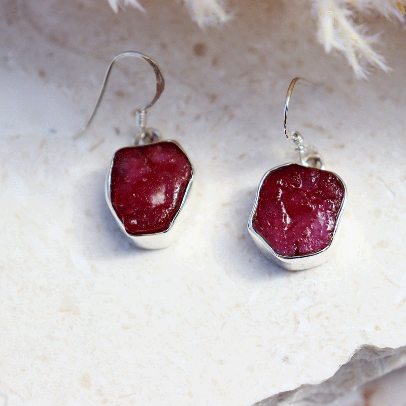 raw ruby gemstone sterling silver drop earrings